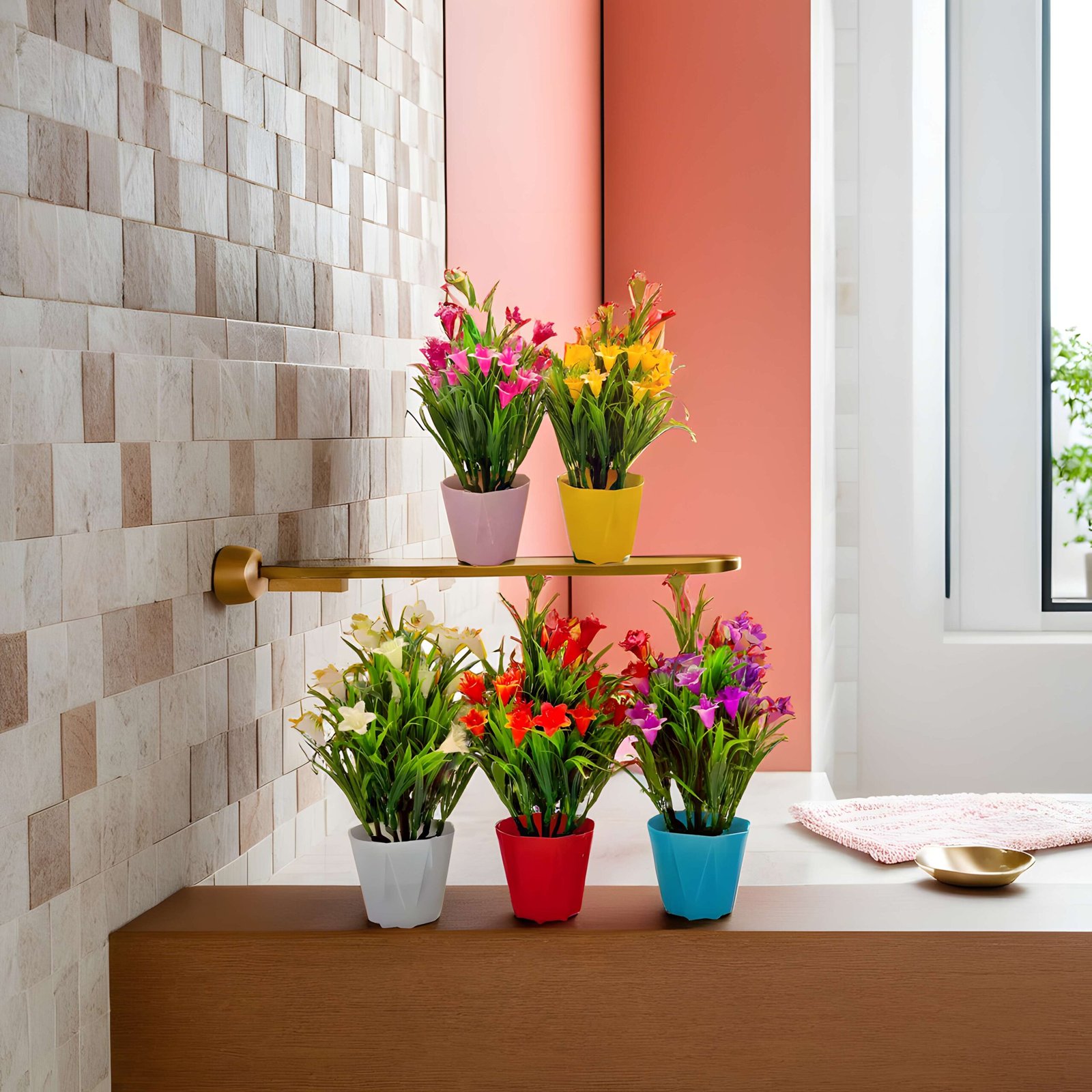 RANI'S CRAFTS Plastic Small Mini Set Of 5 Artificial Plant With Pot Artificial Potted Plants Set Of 5 Home Decor Indoor Small Plants Pot Flowers For Table Desk Decoration (RV-AP4) - Image 2